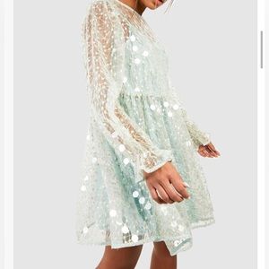 Disk Sequin Blouson Sleeve Smock Party Dress